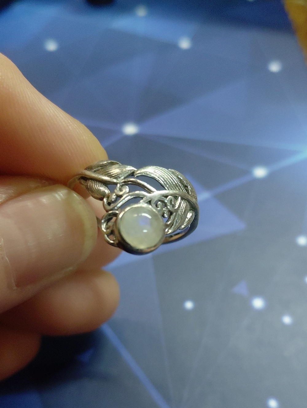 Sterling Silver Moonstone Ring - White Moonstone Leaf Design